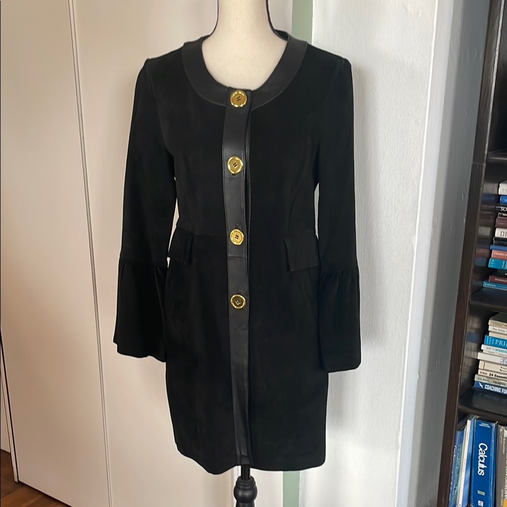 [in Suede] Black Suede and Leather Coat with Gold Buttons
